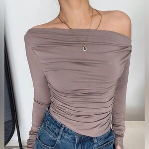 Elegant Off-Shoulder Taupe Top